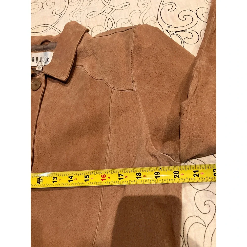 Rouge Leather Womens XL Cognac Brown Suede Belted Safari Jacket Button Front - Picture 11 of 13
